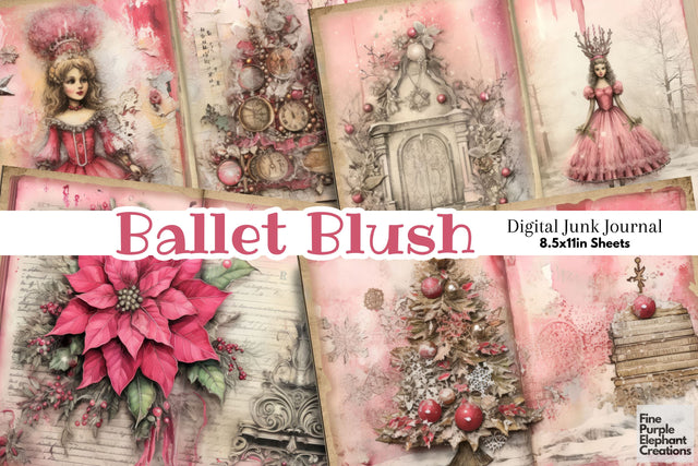 Christmas Pink Nutcracker Ballet | Junk Journal Pages Digital Pattern Fine Purple Elephant Creations 