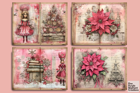 Christmas Pink Nutcracker Ballet | Junk Journal Pages Digital Pattern Fine Purple Elephant Creations 