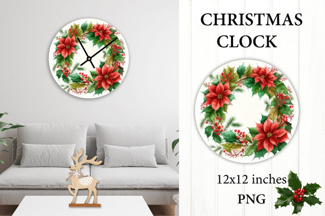 Christmas Poinsettia Clipart. Clock Face PNG Sublimation Olga Terlyanskaya 