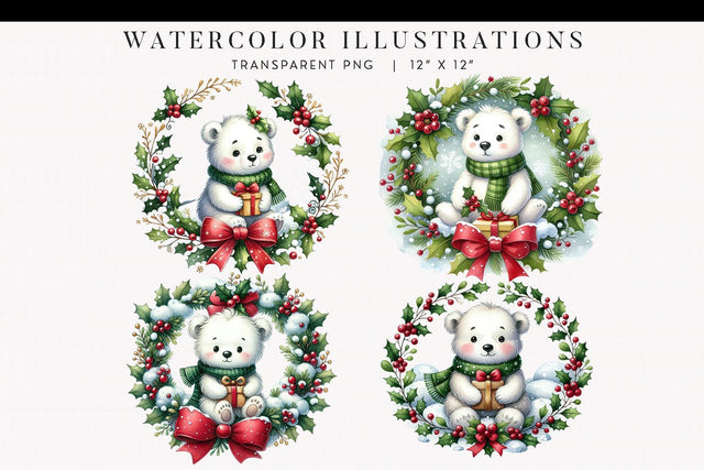 Christmas Polar Bears Watercolor Clipart Sublimation BijouBay 