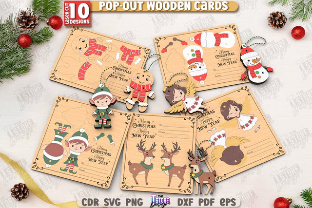 Christmas Pop-Out Cards Laser Cut Bundle | Greeting Cards | 3D Christmas Ornaments | Xmas Characters | CNC Files SVG The T Store Design 