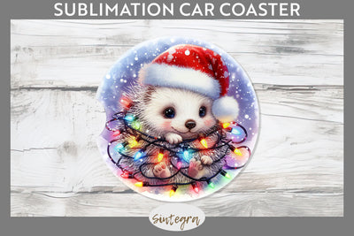 Christmas Porcupine Entangled in Lights Car Coaster Sublimation Sublimation Sintegra 