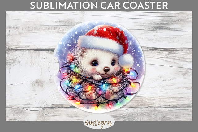 Christmas Porcupine Entangled in Lights Car Coaster Sublimation Sublimation Sintegra 