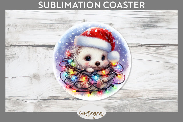 Christmas Porcupine Entangled in Lights Round Coaster Sublimation Sublimation Sintegra 