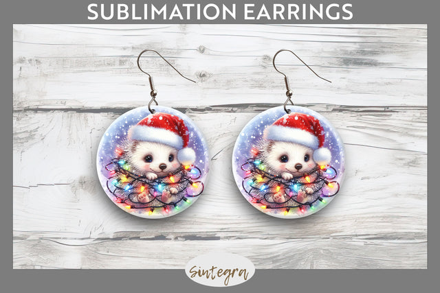 Christmas Porcupine Entangled in Lights Round Earrings Sublimation Sublimation Sintegra 