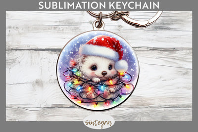 Christmas Porcupine Entangled in Lights Round Keychain Sublimation Sublimation Sintegra 