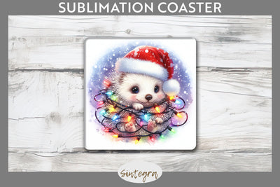 Christmas Porcupine Entangled in Lights Square Coaster Sublimation Sublimation Sintegra 