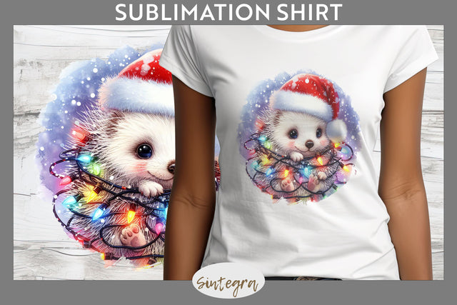 Christmas Porcupine Entangled in Lights T-shirt Sublimation Sublimation Sintegra 