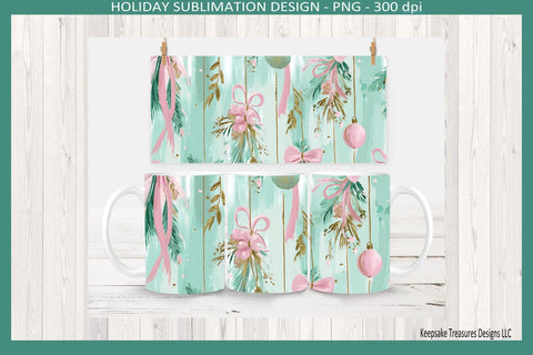 Christmas Preppy Pink and Mint 11oz Coffee Mug Wraps, Sublimation Png Printable Sublimation Keepsake Treasures Designs LLC. 