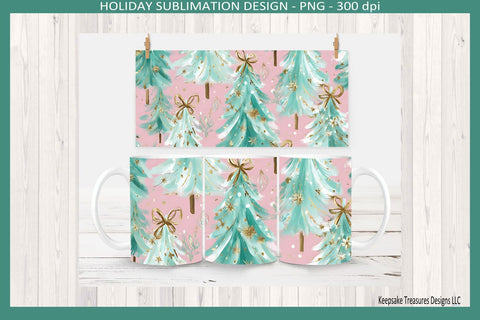 Christmas Preppy Pink and Mint 11oz Coffee Mug Wraps, Sublimation Png Printable Sublimation Keepsake Treasures Designs LLC. 