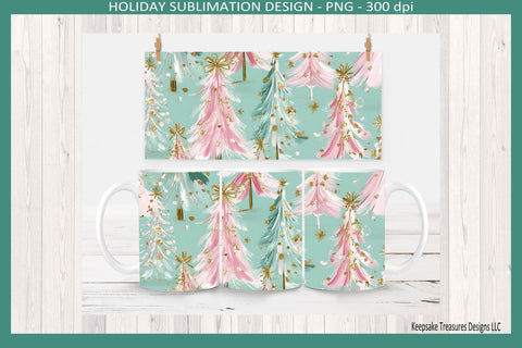 Christmas Preppy Pink and Mint 11oz Coffee Mug Wraps, Sublimation Png Printable Sublimation Keepsake Treasures Designs LLC. 