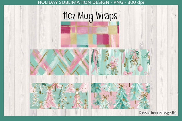 Christmas Preppy Pink and Mint 11oz Coffee Mug Wraps, Sublimation Png Printable Sublimation Keepsake Treasures Designs LLC. 