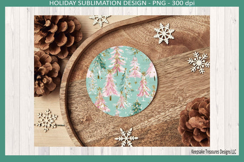 Christmas Preppy Pink and Mint Round Coaster, 6 Different Templates, Sublimation Png Printable Sublimation Keepsake Treasures Designs LLC. 