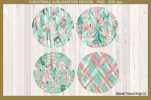 Christmas Preppy Pink and Mint Round Coaster, 6 Different Templates, Sublimation Png Printable Sublimation Keepsake Treasures Designs LLC. 