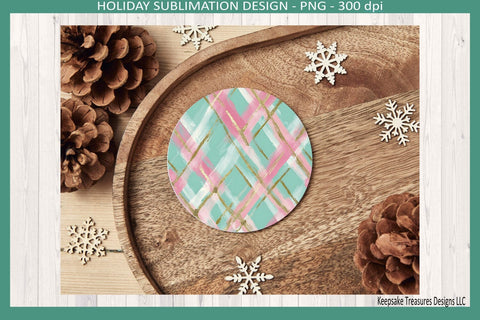 Christmas Preppy Pink and Mint Round Coaster, 6 Different Templates, Sublimation Png Printable Sublimation Keepsake Treasures Designs LLC. 