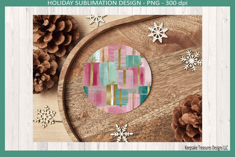 Christmas Preppy Pink and Mint Round Coaster, 6 Different Templates, Sublimation Png Printable Sublimation Keepsake Treasures Designs LLC. 