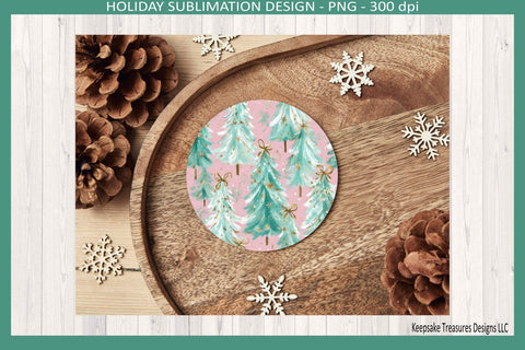 Christmas Preppy Pink and Mint Round Coaster, 6 Different Templates, Sublimation Png Printable Sublimation Keepsake Treasures Designs LLC. 