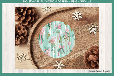 Christmas Preppy Pink and Mint Round Coaster, 6 Different Templates, Sublimation Png Printable Sublimation Keepsake Treasures Designs LLC. 