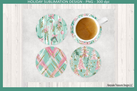 Christmas Preppy Pink and Mint Round Coaster, 6 Different Templates, Sublimation Png Printable Sublimation Keepsake Treasures Designs LLC. 