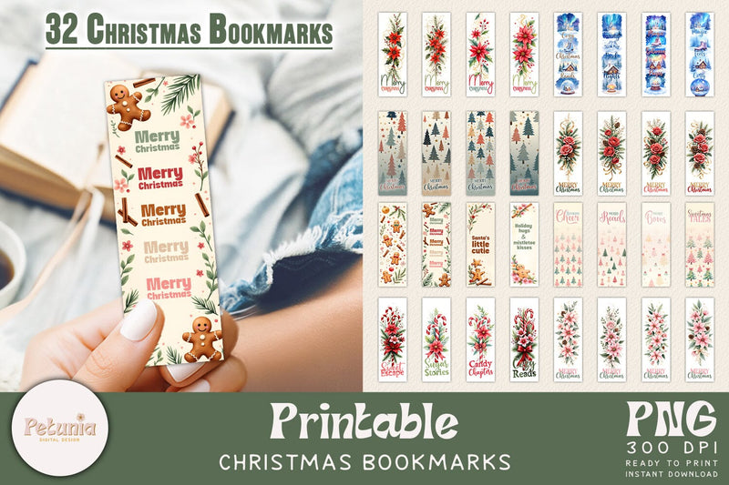 Christmas Printable Bookmarks Bundle Sublimation Petunia Digital Design 