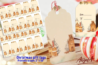 Christmas printable gift tag, gingerbread houses village PNG Sublimation Angelina Semenova 