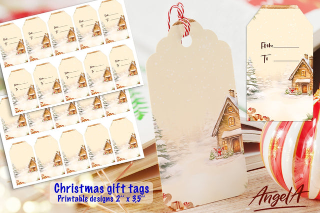 Christmas printable gift tag, winter background, house SVG Angelina Semenova 