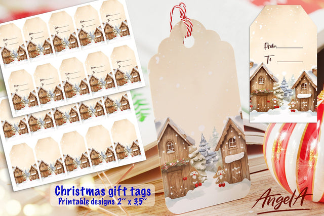 Christmas printable gift tag, winter background, village PNG Sublimation Angelina Semenova 