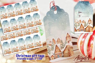 Christmas printable gift tag, winter village house PNG Sublimation Angelina Semenova 