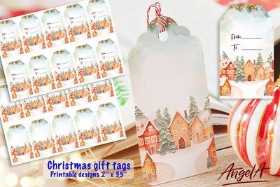Christmas printable gift tag, winter village house PNG Sublimation Angelina Semenova 