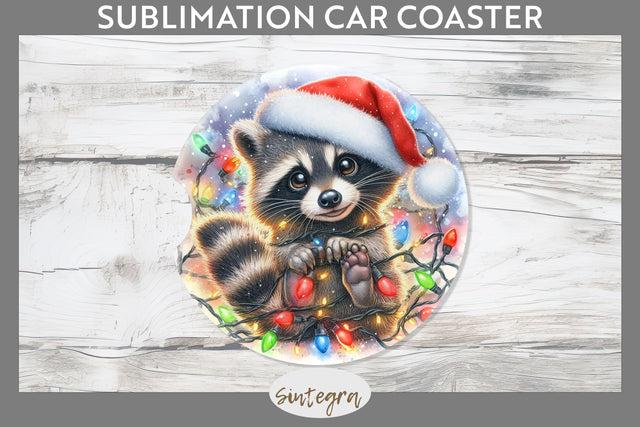 Christmas Raccoon Entangled in Lights Car Coaster Sublimation Sublimation Sintegra 