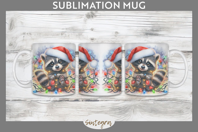 Christmas Raccoon Entangled in Lights Mug Wrap Sublimation Sublimation Sintegra 