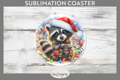 Christmas Raccoon Entangled in Lights Round Coaster Sublimation Sublimation Sintegra 