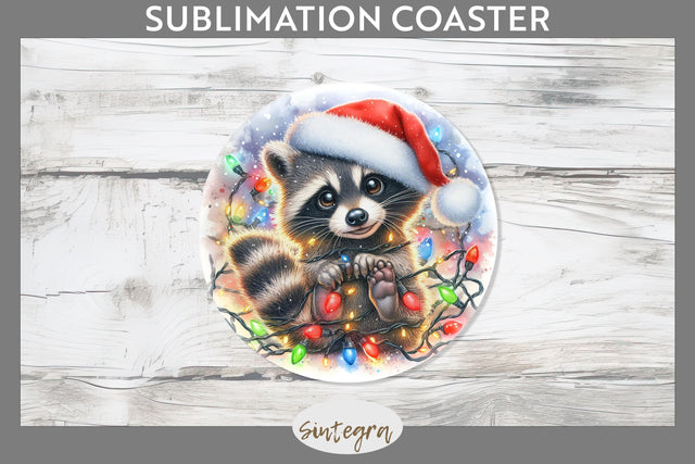 Christmas Raccoon Entangled in Lights Round Coaster Sublimation Sublimation Sintegra 