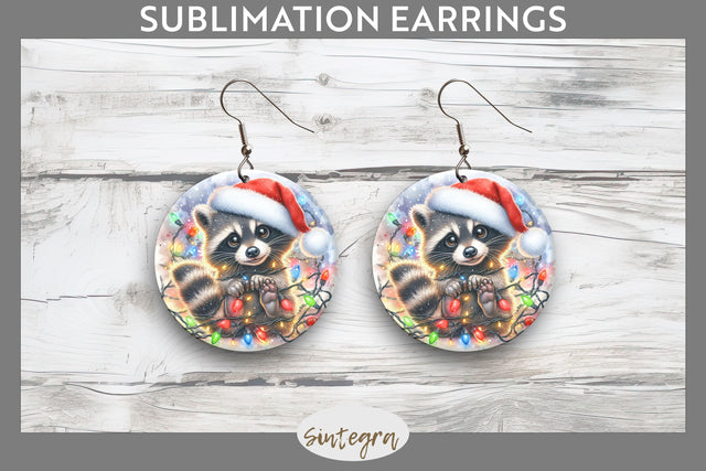 Christmas Raccoon Entangled in Lights Round Earrings Sublimation Sublimation Sintegra 