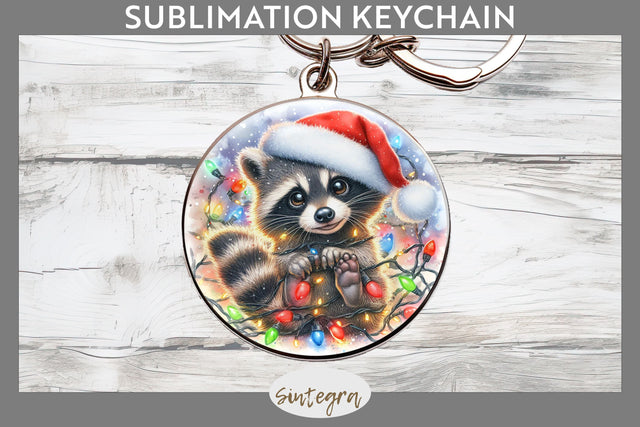 Christmas Raccoon Entangled in Lights Round Keychain Sublimation Sublimation Sintegra 