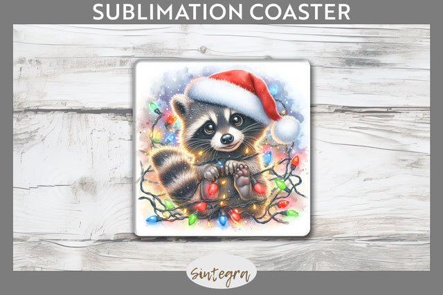 Christmas Raccoon Entangled in Lights Square Coaster Sublimation Sublimation Sintegra 