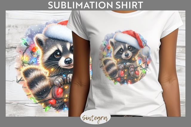 Christmas Raccoon Entangled in Lights T-shirt Sublimation Sublimation Sintegra 