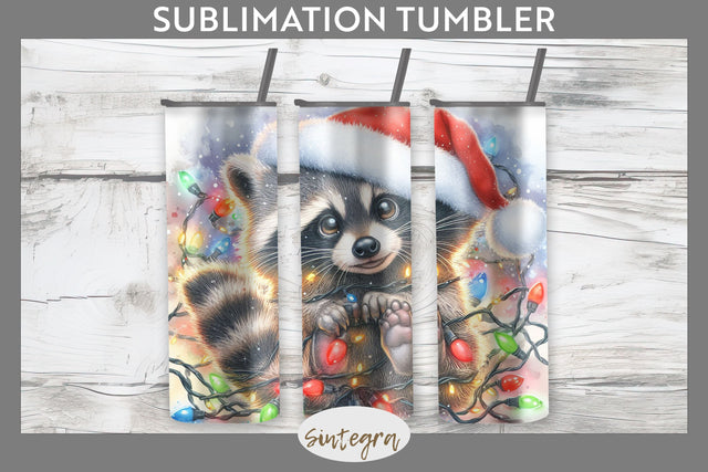Christmas Raccoon Entangled in Lights Tumbler Sublimation 20 oz Skinny Sublimation Sintegra 