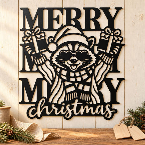 Christmas Raccoon Laser SVG | Merry Christmas Gift Sign DXF | Funny Raccoon Metal Wall Art | Holiday Plasma CNC Cutting File SVG HappyDesignStudio 