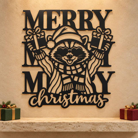 Christmas Raccoon Laser SVG | Merry Christmas Gift Sign DXF | Funny Raccoon Metal Wall Art | Holiday Plasma CNC Cutting File SVG HappyDesignStudio 