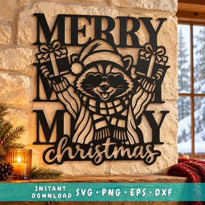 Christmas Raccoon Laser SVG | Merry Christmas Gift Sign DXF | Funny Raccoon Metal Wall Art | Holiday Plasma CNC Cutting File SVG HappyDesignStudio 