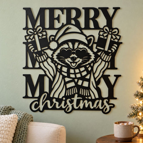 Christmas Raccoon Laser SVG | Merry Christmas Gift Sign DXF | Funny Raccoon Metal Wall Art | Holiday Plasma CNC Cutting File SVG HappyDesignStudio 