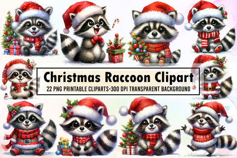 Christmas Raccoon Watercolor Clipart Sublimation designartist 
