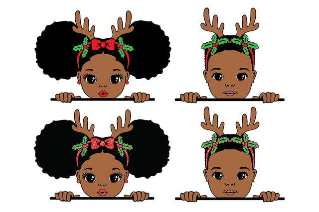 Christmas Reindeer Boy and Girl SVG Bundle | Cute Afro Kids Clipart with Antlers and Holly Headbands SVG 1uniqueminute 