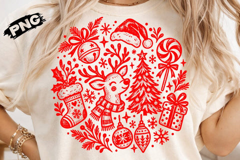 Christmas Reindeer Circle Doodle Red PNG SVG DesignDestine 