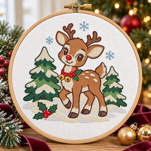 Christmas Reindeer Embroidery Design | Cute Baby Deer with Red Nose | Winter Holiday Machine Embroidery | 5 Sizes | PES DST JEF VP3 Embroidery/Applique DESIGNS HappyDesignStudio 