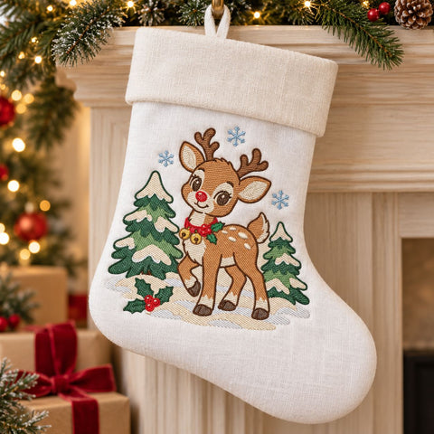 Christmas Reindeer Embroidery Design | Cute Baby Deer with Red Nose | Winter Holiday Machine Embroidery | 5 Sizes | PES DST JEF VP3 Embroidery/Applique DESIGNS HappyDesignStudio 
