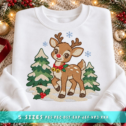 Christmas Reindeer Embroidery Design | Cute Baby Deer with Red Nose | Winter Holiday Machine Embroidery | 5 Sizes | PES DST JEF VP3 Embroidery/Applique DESIGNS HappyDesignStudio 