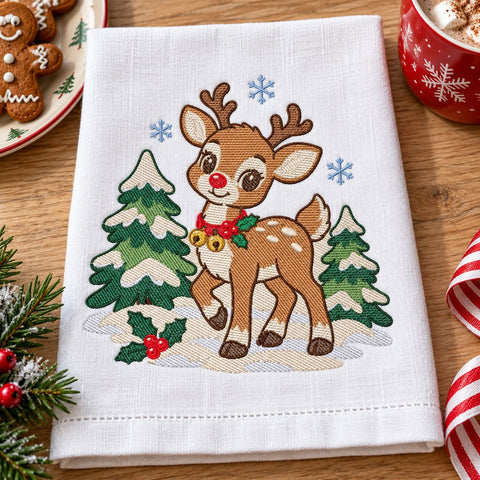 Christmas Reindeer Embroidery Design | Cute Baby Deer with Red Nose | Winter Holiday Machine Embroidery | 5 Sizes | PES DST JEF VP3 Embroidery/Applique DESIGNS HappyDesignStudio 