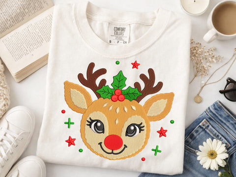 Christmas Reindeer Embroidery Design, Cute Santa Hat Rudolph Machine Embroidery File, Holiday Reindeer Applique, Christmas Embroidery Embroidery/Applique DESIGNS DesignDestine 